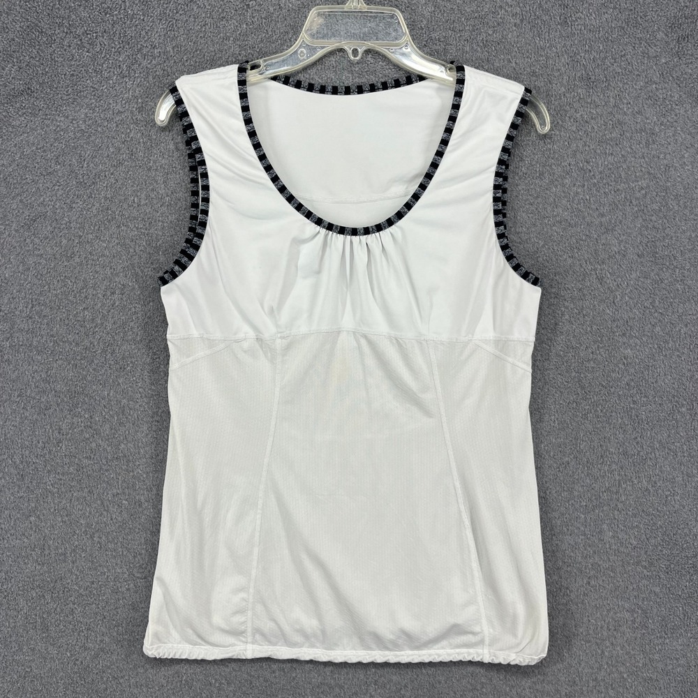 Lululemon Tank Top Womens 10 White Mesh Panel Striped Trim Scoop Neck Athletic